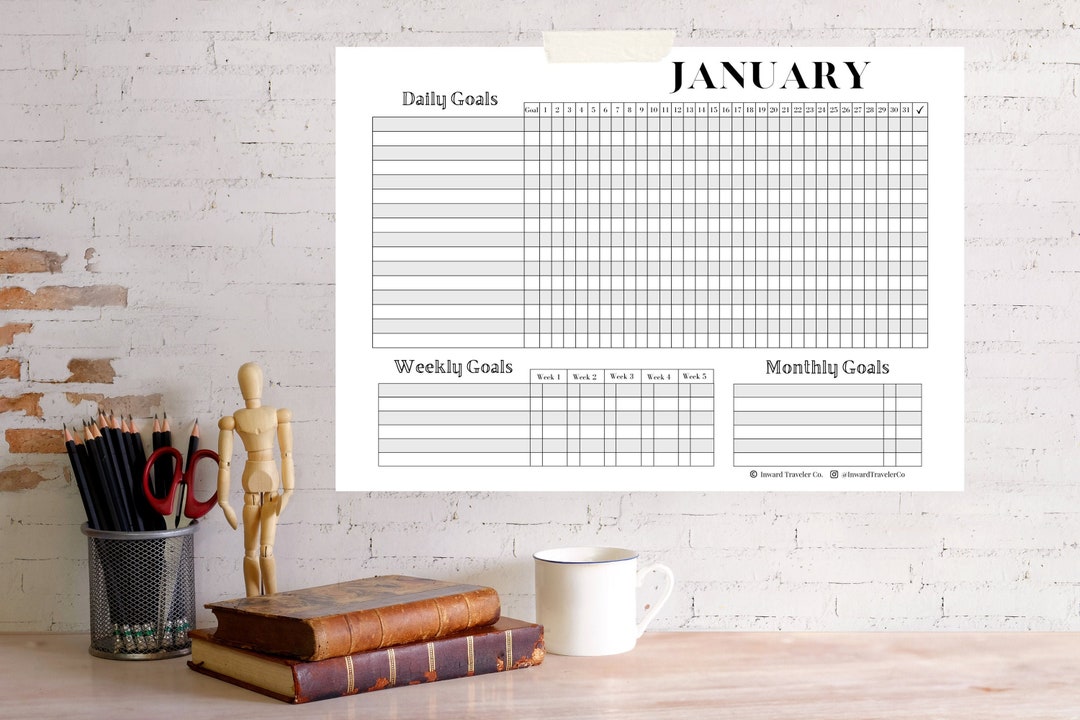 12 Month Printable GOAL TRACKER Black and White, 365 Daily Weekly ...