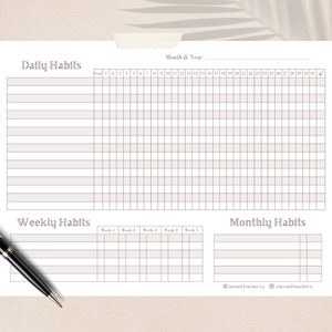 Peut inclure: Un suivi d'habitudes imprimable avec des sections pour les habitudes quotidiennes, hebdomadaires et mensuelles. Le suivi a un design simple avec des lignes grises et des cases blanches.