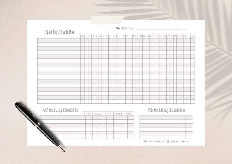 Peut inclure: Un suivi d'habitudes imprimable avec des sections pour les habitudes quotidiennes, hebdomadaires et mensuelles. Le suivi a un design simple avec des lignes grises et des cases blanches.