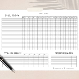May include: Printable daily, weekly, and monthly habit tracker. The tracker has a black and white design with a grid layout. The text "Daily Habits", "Weekly Habits", and "Monthly Habits" is printed on the page. The text "Month & Year" is printed at the top of the page.