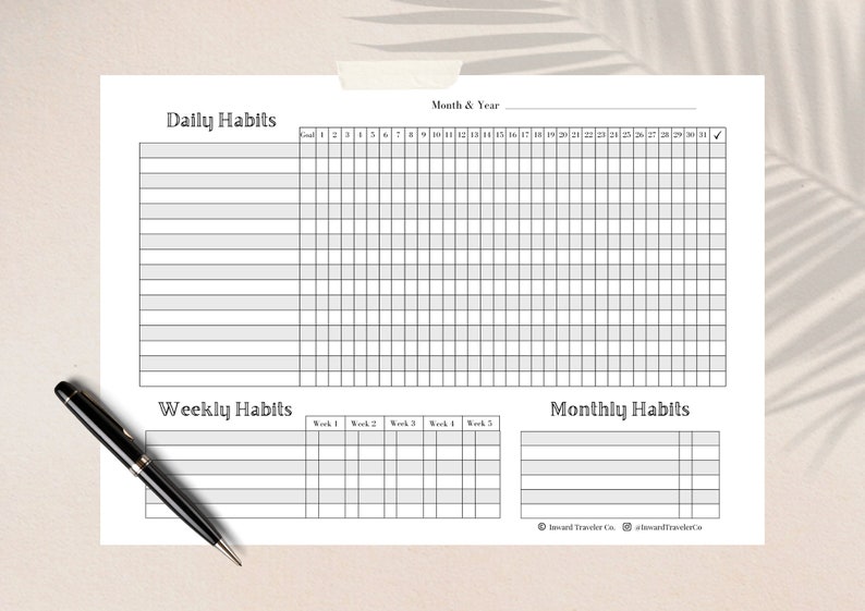 May include: Printable daily, weekly, and monthly habit tracker. The tracker has a black and white design with a grid layout. The text "Daily Habits", "Weekly Habits", and "Monthly Habits" is printed on the page. The text "Month & Year" is printed at the top of the page.