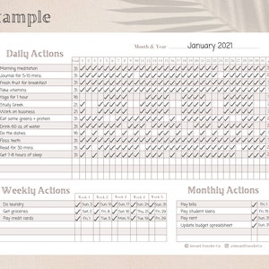 May include: A black and white printable daily, weekly, and monthly planner with checkboxes for January 2021. The planner includes sections for daily actions, weekly actions, and monthly actions.