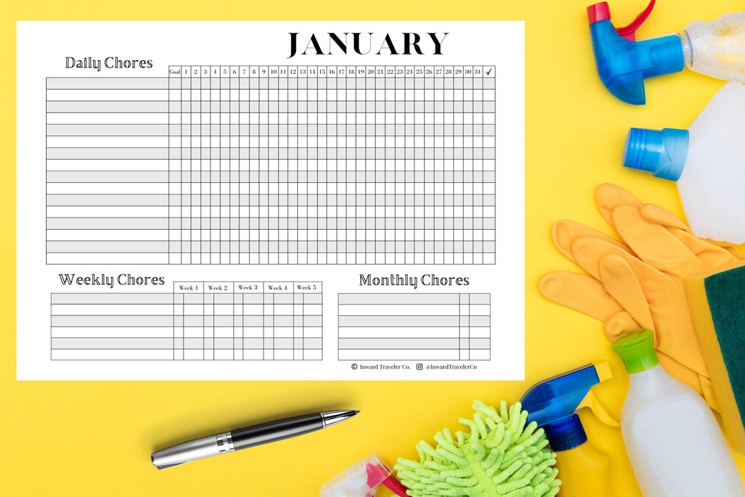 12 Month Printable CHORE CHART B&amp;W, Printable Black and White Chore ...