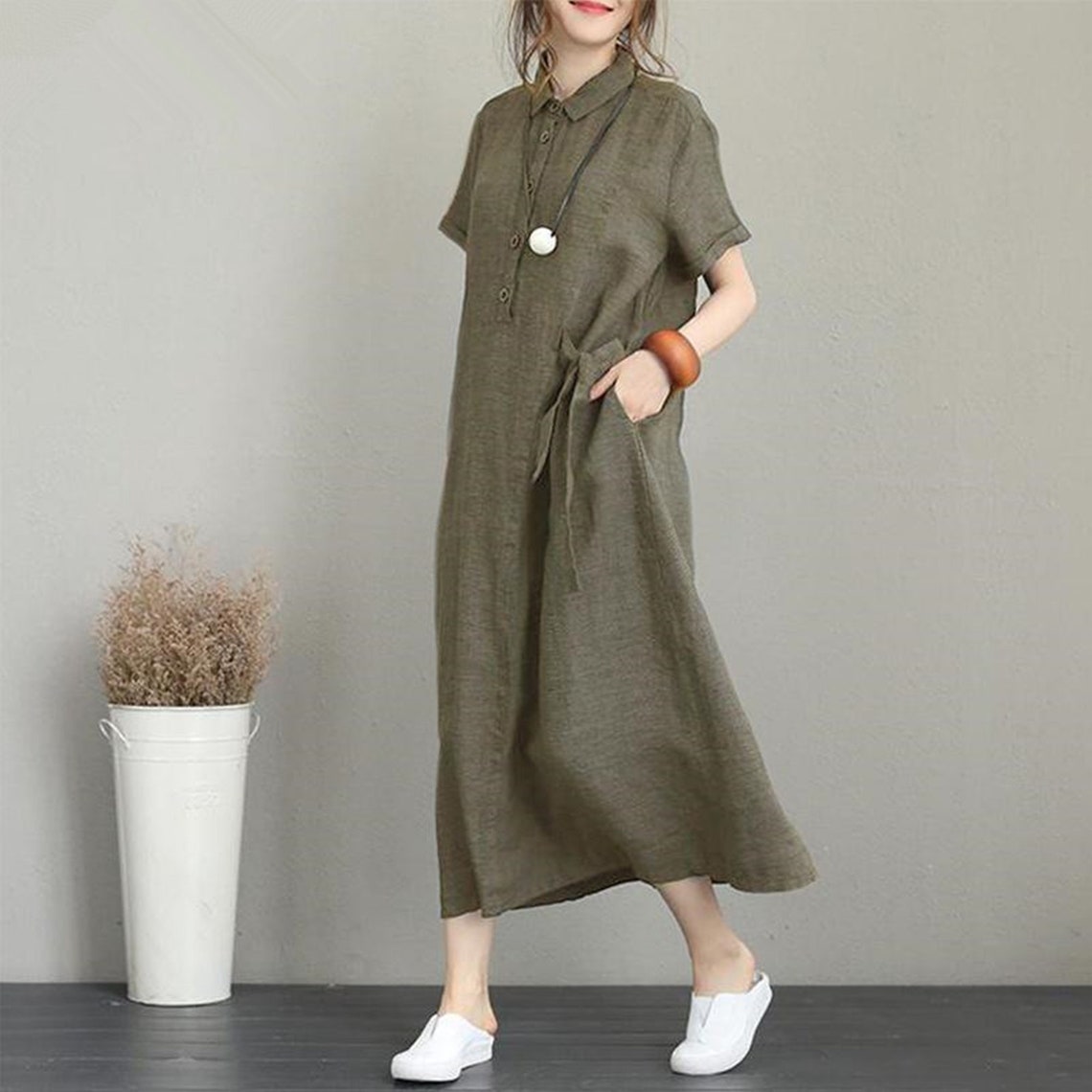 Lapel Linen Dress Loose Baggy Dresses linen Dress For Women | Etsy