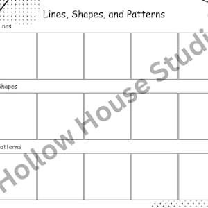 May include: A black and white printable worksheet with the title "Lines, Shapes, and Patterns". The worksheet has three sections: Lines, Shapes, and Patterns. Each section has six blank boxes for drawing.