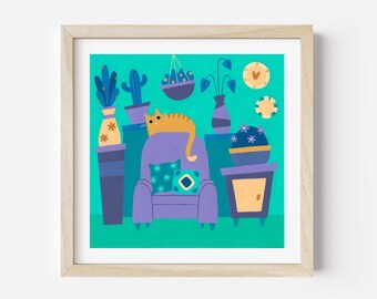 Ginger Cat in the Living Room Print – Giclée Print – Cat Illustration – Cat Lover Gift – Cat Art Print – Ginger Cat Print – Cute Art Print