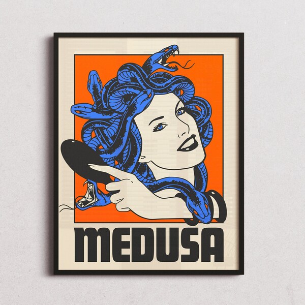 Medusa Decor, Medusa Wall Art, Greek Mythology Poster, Snake Goddess Artwork, Gorgo Bust, Retro Female Print, Fashion Girly Wall Art, Vogue