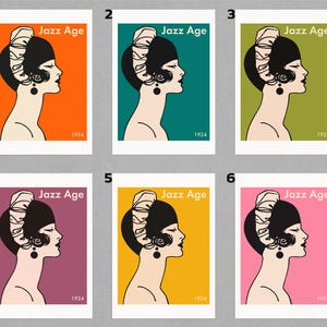 Puede incluir: Seis variaciones de color diferentes de un p&oacute;ster de estilo vintage con una mujer con un sombrero cloche y el texto "Jazz Age 1924".