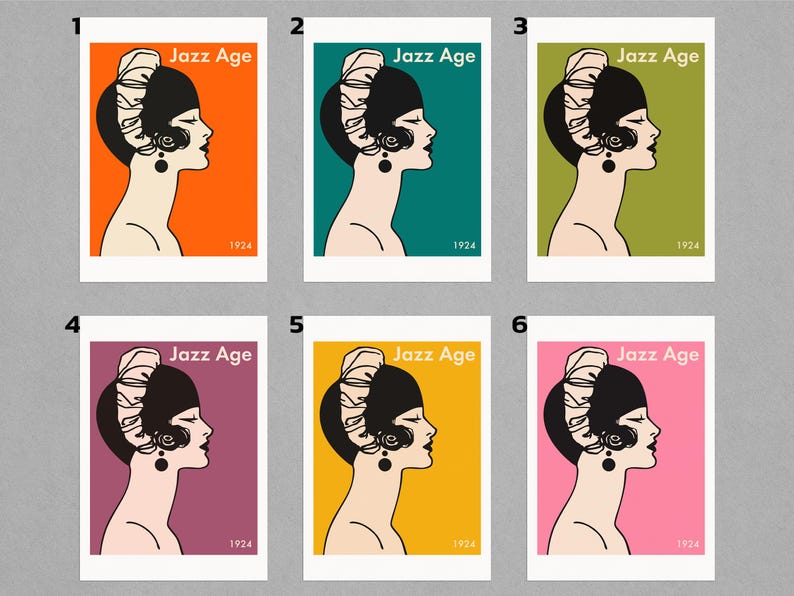 Puede incluir: Seis variaciones de color diferentes de un p&oacute;ster de estilo vintage con una mujer con un sombrero cloche y el texto "Jazz Age 1924".
