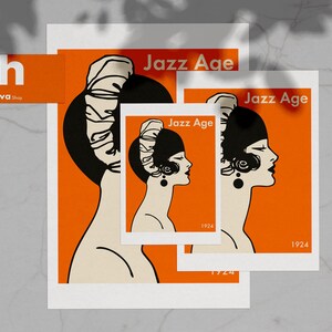 Puede incluir: Tres impresiones de diferentes tama&ntilde;os que presentan una ilustraci&oacute;n en blanco y negro de una mujer con un sombrero cloche. El fondo es naranja y el texto "Jazz Age 1924" est&aacute; impreso en cada impresi&oacute;n.