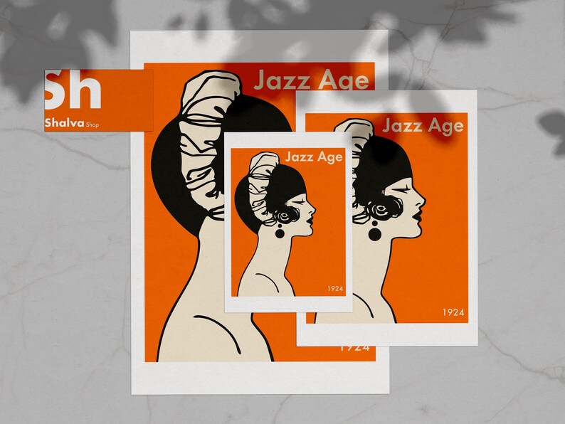 Puede incluir: Tres impresiones de diferentes tama&ntilde;os que presentan una ilustraci&oacute;n en blanco y negro de una mujer con un sombrero cloche. El fondo es naranja y el texto "Jazz Age 1924" est&aacute; impreso en cada impresi&oacute;n.
