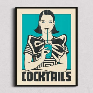 Póster de cócteles vintage, impresión artística de bebidas retro, ilustración de mujer elegante, decoración de bar en verde azulado y negro, elegante arte mural moderno de mediados de siglo.