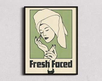 Skincare Gift, Beauty Salon Poster, Bathroom Wall Art, Self Care Print, Spa Decor, Retro Skincare Wall Art, Vintage Green Illustration