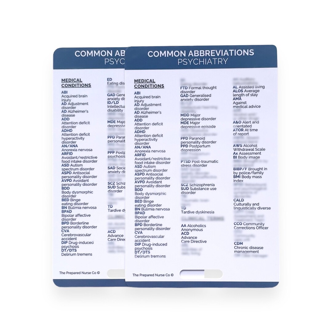 Common Psychiatric Abbreviations Nursing Reference Card, Badge Card