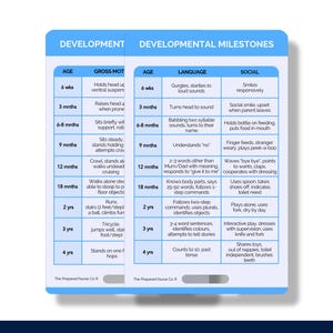 May include: A colourful chart with a table listing developmental milestones for babies and toddlers. The chart is divided into three columns: age, gross motor skills, language, and social skills. The chart includes milestones from 6 weeks to 4 years old.