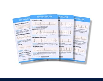 Pode incluir: Um conjunto de cinco cartões azuis com texto branco e gráficos de EKG. Os cartões são intitulados "Análise do Ritmo" e listam diferentes ritmos cardíacos, incluindo taquicardia ventricular, fibrilação ventricular, assistolia, bloqueio atrioventricular de primeiro grau, bloqueio atrioventricular de segundo grau tipo 1, bloqueio atrioventricular de segundo grau tipo 2, bloqueio atrioventricular de terceiro grau e infarto do miocárdio com elevação do segmento ST.