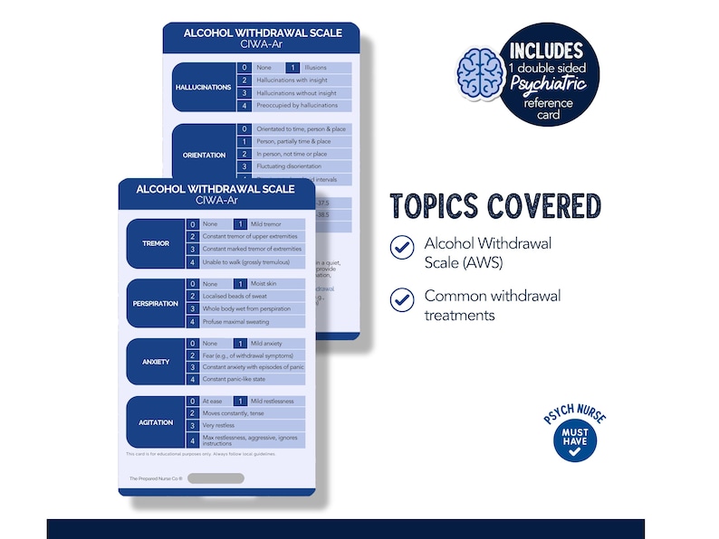 May include: Two blue laminated cards with a white background and black text. The cards are titled "Alcohol Withdrawal Scale CIWA-Ar". The cards include a checklist of symptoms and a scale for rating the severity of each symptom. The cards are designed for use by healthcare professionals to assess alcohol withdrawal symptoms. The cards are part of a set that includes a double-sided psychiatric reference card. The cards are labeled "Psych Nurse Must Have".