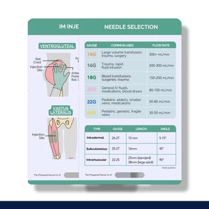 Needle Selection, IM Injection Sites, IV Cannula Chart, Nursing Reference Card, Nurse Badge Buddy, Nurse Badge Card, Nurse Pocket Card