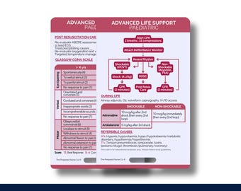 May include: A pink and white card with the title "Advanced Life Support Paediatric". The card outlines the steps for providing CPR to a child, including the use of a defibrillator and the administration of medication. The card also includes a Glasgow Coma Scale chart for assessing a child's level of consciousness.