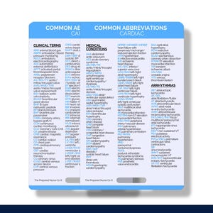 Cardiac Medical Abbreviations, Nurse Reference Card, Cardiac Nurse Badge Buddy, Cardiac Nurse Badge Card, Cardiac Nurse Reference Card