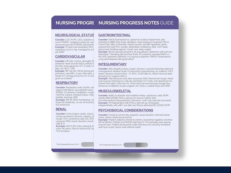 K&ouml;nnte beinhalten: Ein lila-wei&szlig;er Leitfaden f&uuml;r Pflegekr&auml;fte mit dem Titel "Nursing Progress Notes Guide" und Abschnitten f&uuml;r den neurologischen Status, das Herz-Kreislauf-System, die Atmung, die Nieren, den Magen-Darm-Trakt, die Haut, den Bewegungsapparat und psychosoziale &Uuml;berlegungen.