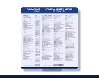 Medical Abbreviations Psychiatric Nurse Reference Card, Mental Health Badge Card, Psych Badge Cards, Mental Health Cards for Psych Nurse