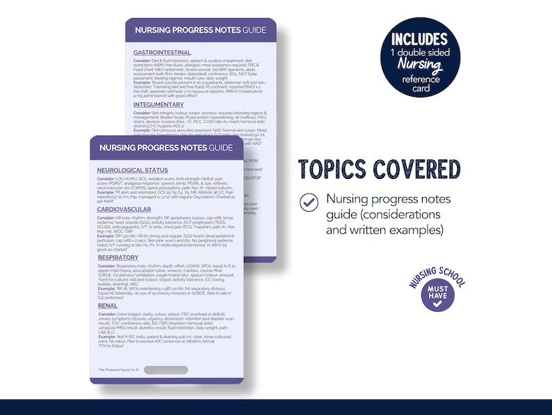 K&ouml;nnte beinhalten: Eine violette und wei&szlig;e Karte mit einem Leitfaden f&uuml;r Notizen zum Pflegefortschritt mit dem Titel "Nursing Progress Notes Guide" und dem Text "Topics Covered: Nursing progress notes guide (considerations and written examples)" und "Nursing School Must Have".