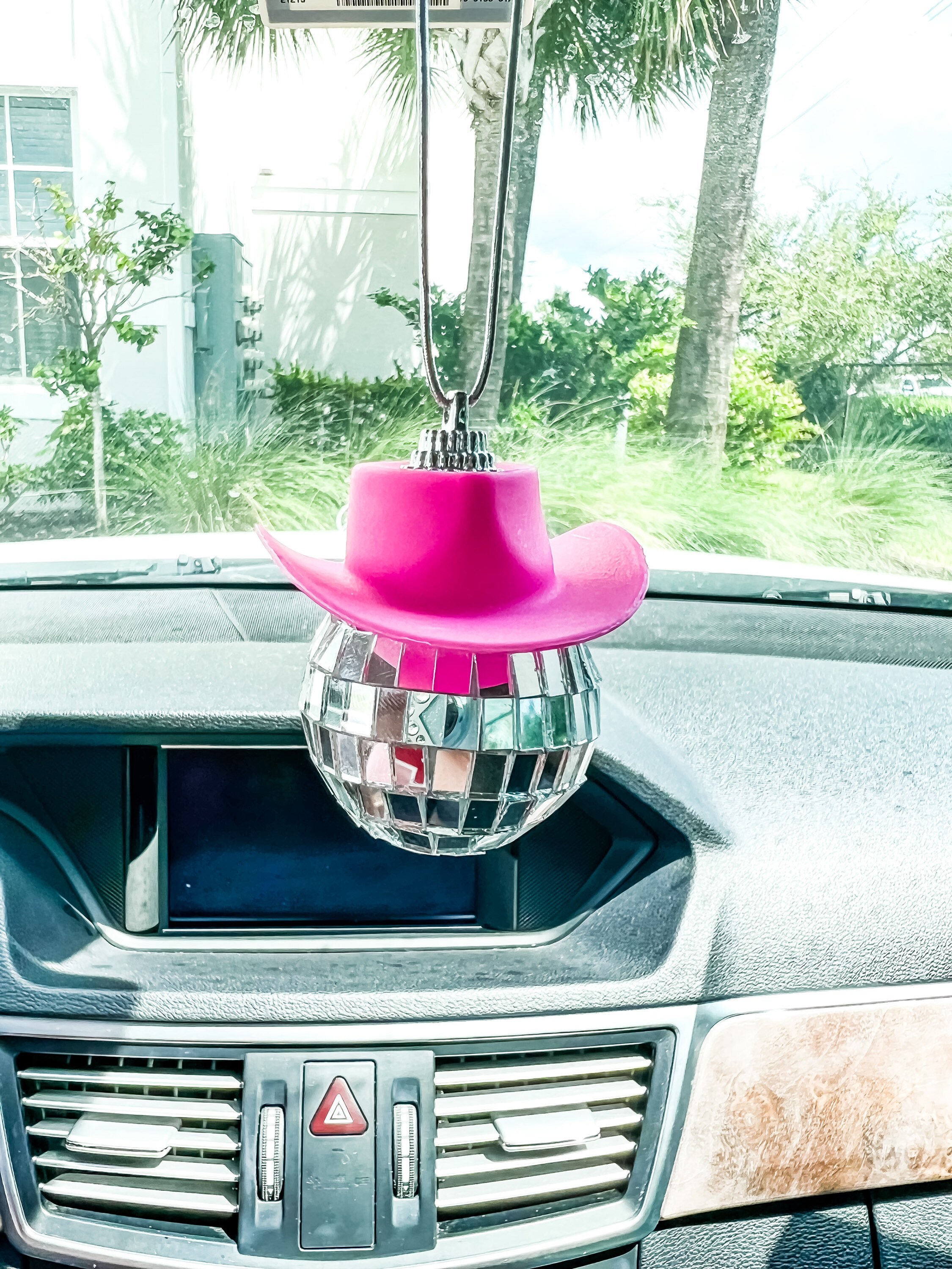 Pink Cowboy Hat Disco Ball, Rearview Mirror Decoration, Car Charm