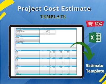 May include: A blue and white computer screen displaying a spreadsheet template for a project cost estimate. The template includes fields for company name, address, phone number, email, job description, project phase, vendor/contractor, labor, materials, total, and notes. The screen is labeled "Project Cost Estimate Template" and a green arrow points to the text "Estimate Template".