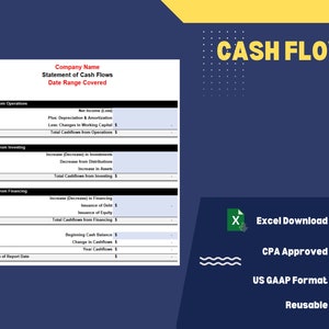 May include: A statement of cash flows template in a US GAAP format. The template includes sections for cash flows from operations, investing, and financing. It also includes a section for beginning cash balance, change in cash flows, and year-end cash flows. The template is labeled "CPA Approved" and "Reusable".