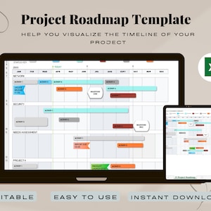 Puede incluir: Una plantilla de hoja de ruta de proyecto que se muestra en una computadora portátil y una tableta. La plantilla muestra una línea de tiempo con actividades, hitos y una clave de estado. El texto de la imagen dice "Project Roadmap Template" y "Help you visualize the timeline of your project."