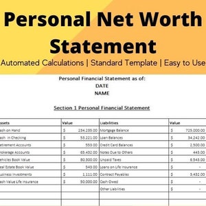 Personal Net Worth Statement Template - Excel Download - Automated Calculations - Editable