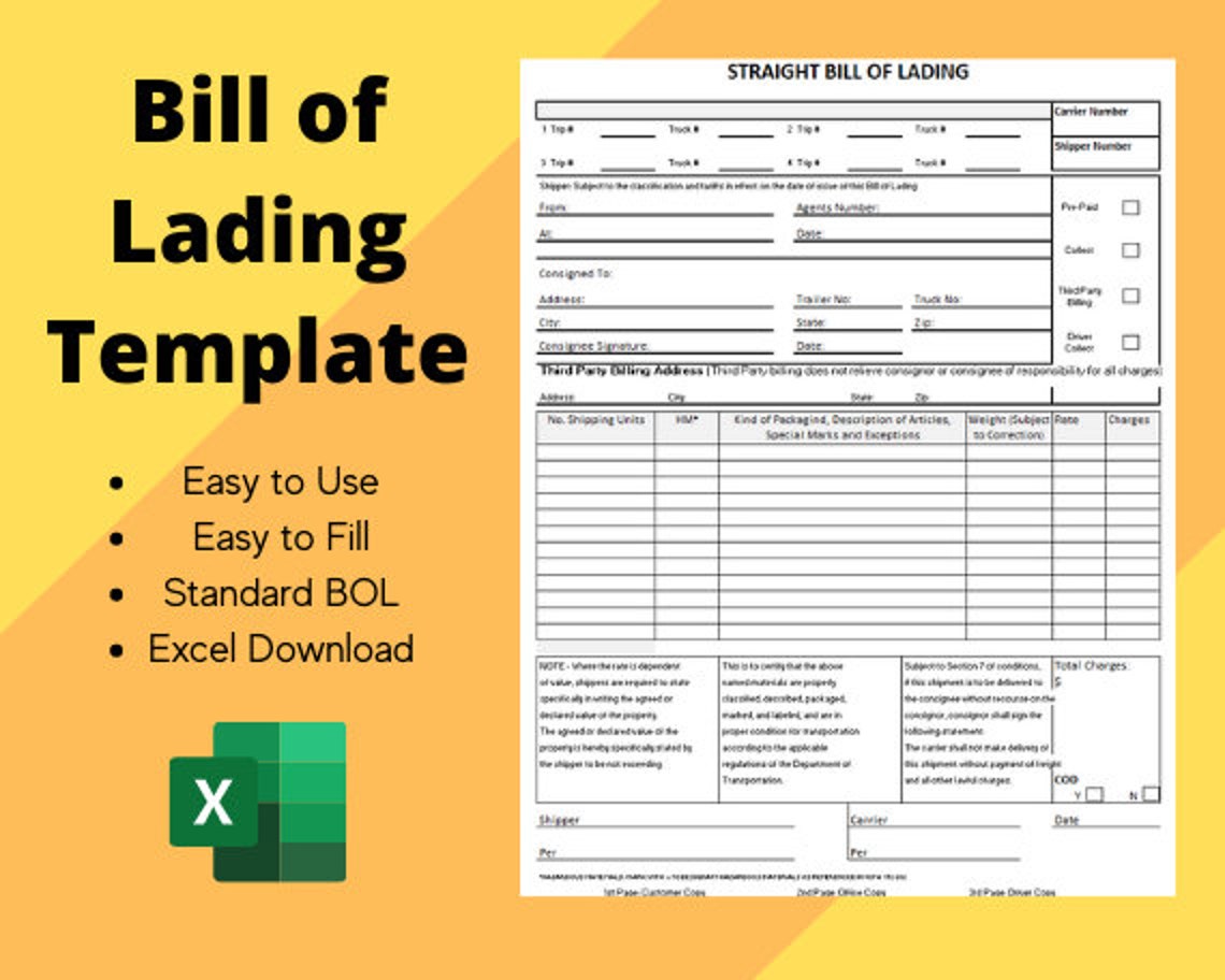Standard Bill of Lading BOL Template Reusable Excel Etsy UK Standard Bill of Lading BOL Template Reusable Excel Etsy UK