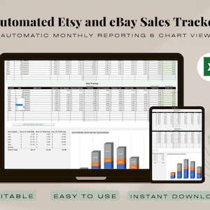 May include: A laptop screen displaying a spreadsheet with a bar chart showing sales data for Etsy and eBay. The spreadsheet is labelled "Automated Etsy and eBay Sales Tracker" and "Automatic Monthly Reporting & Chart View". The spreadsheet is in an Excel file format. The image also shows a tablet screen displaying the same spreadsheet.