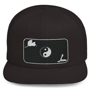 Snapback Hat with Yin Yang and Snake vs Crane, Flat Bill Cap, Martial Arts Hat, Eastern Philosophy Gift, Zen Headwear, Yin Yang Snapback