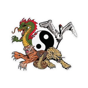 Peut inclure: Un autocollant avec un dragon vert et rouge, un tigre orange et noir, un cobra marron, un léopard beige et noir, une grue blanche et noire, et un symbole yin-yang noir et blanc.