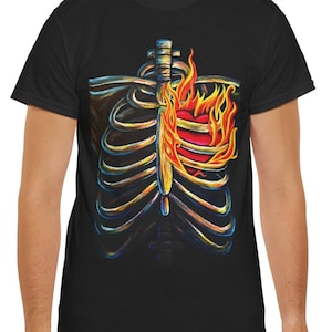 Skeleton TShirt Flaming Heart Black Graphic Tees Cool Shirts For Him Or Her Love Halloween Gift
