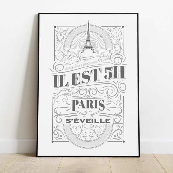 Poster  il est 5 heures paris s éveille , Jacques Dutronc, poster Paname, poster Parisien,  Affiche Paris, affiche Tour Eiffel,