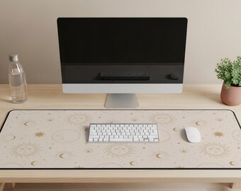 Beige Celestial Desk Mat, Sun and Moon Gaming Mat Aesthetic Desk Decor, Neutral Zodiac Desk Mat in 12×18, 12×22, 16×32