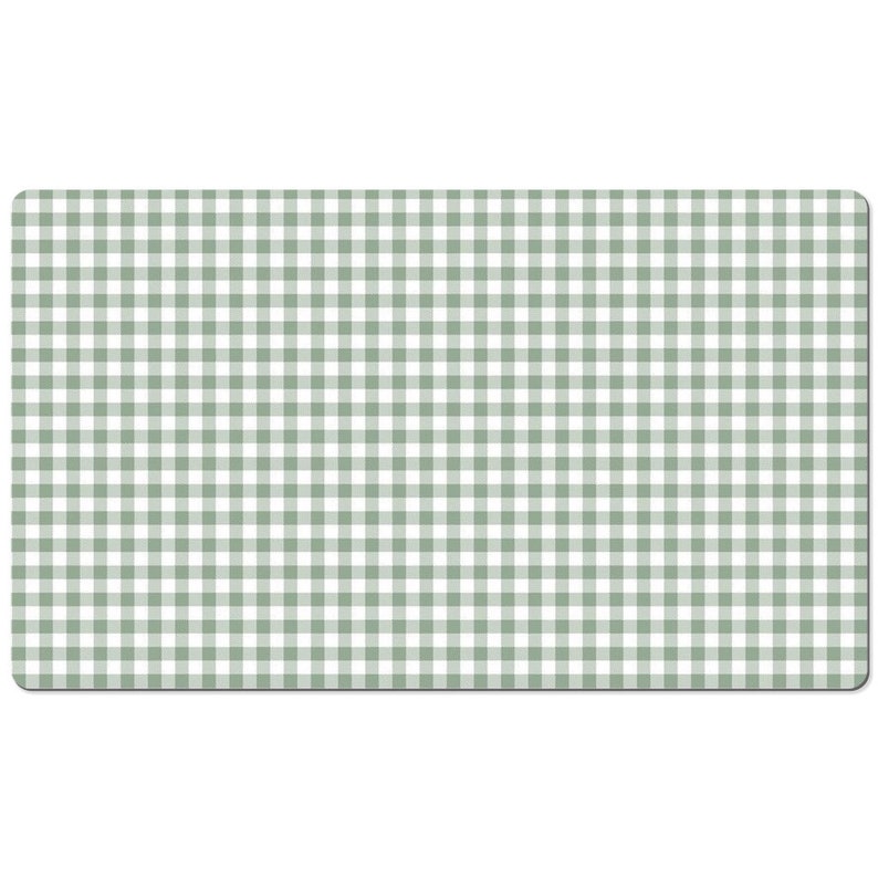 Pode incluir: Um padr&atilde;o vichy verde e branco. O padr&atilde;o &eacute; composto por pequenos quadrados.