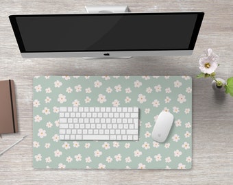 Sage Green Flower Desk Mat Green Floral Print Aesthetic Gaming Mat Green And White Floral Large Mouse Pad Pretty Desk Mat Minimalist