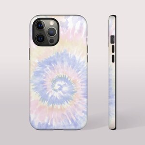 May include: A phone case with a tie-dye pattern in shades of pink, blue, and yellow. The case has a black border and a cutout for the phone's camera.