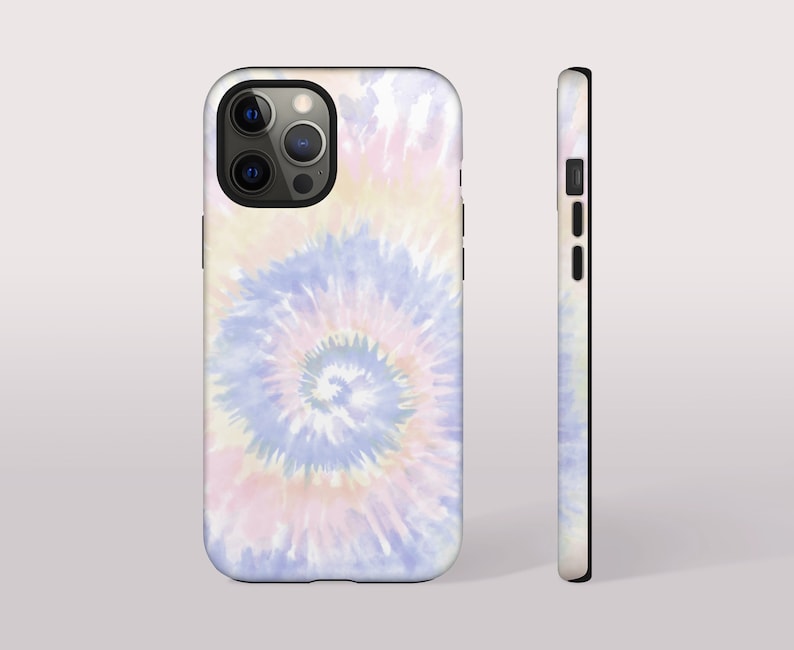 May include: A phone case with a tie-dye pattern in shades of pink, blue, and yellow. The case has a black border and a cutout for the phone's camera.