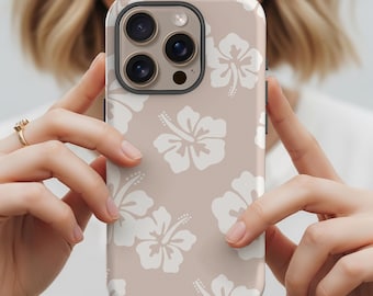 Beige Hibiscus Floral iPhone Case- Tropical Tough Phone over for Coastal Aesthetic, Neutral Boho Hawaiian Style Protective Phone Case Pixel