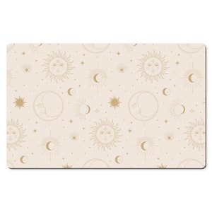 May include: A beige background with a repeating pattern of gold sun and moon illustrations. The sun and moon have faces and are surrounded by stars and eyes.
