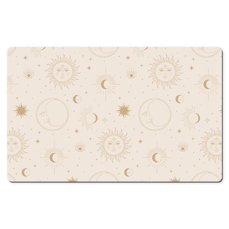 May include: A beige background with a repeating pattern of gold sun and moon illustrations. The sun and moon have faces and are surrounded by stars and eyes.