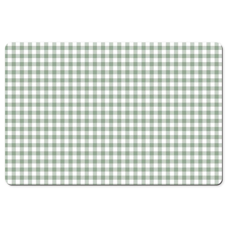Pode incluir: Um padr&atilde;o vichy verde e branco. O padr&atilde;o &eacute; composto por pequenos quadrados.
