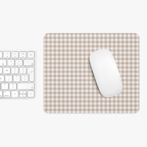 Beige Gingham Mouse Pad, Cute Mouse Pad For Home Office Decor, Neutral Desk Accessories, Beige and White Buffalo Plaid Print Mouse Pad