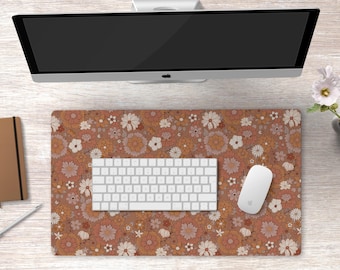 Brown Retro Floral Desk Mat, Boho Aesthetic Desk Decor Keyboard Mat Vintage Desk Mat, Cute Gaming Mouse Pad Large Mousepad