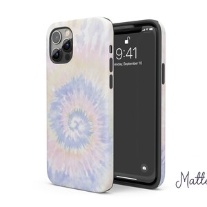 May include: A phone case with a tie-dye pattern in shades of blue, pink, and white. The case is matte and has a black border. The phone screen shows the time 9:41 and the date Wednesday, September 10.